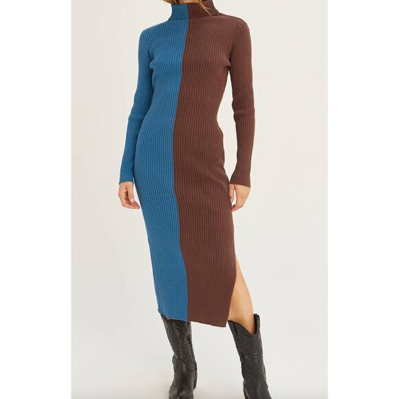 Crescent Jodie Blue Brown Sweater Dress Colorblock Ribbed Knit Turtleneck Small - Picture 1 of 10